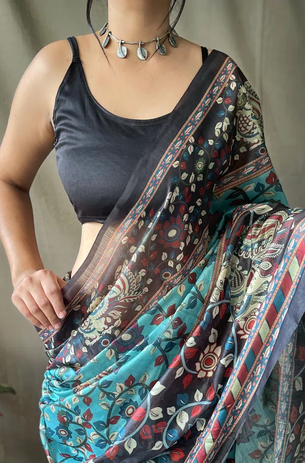 Baby_Blue_Soft_Cotton_Kalamkari_Print_Saree_With_Blouse_Piece_Attached